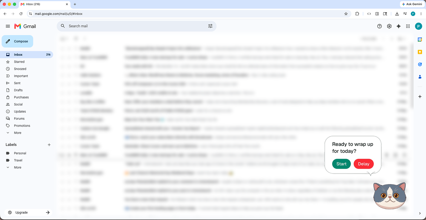 Browser extension mockup showing the cat widget asking 'Are you ready to wrap up?'