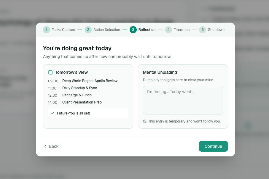 App screen showing the transition ritual planning step with a 5-step progress bar